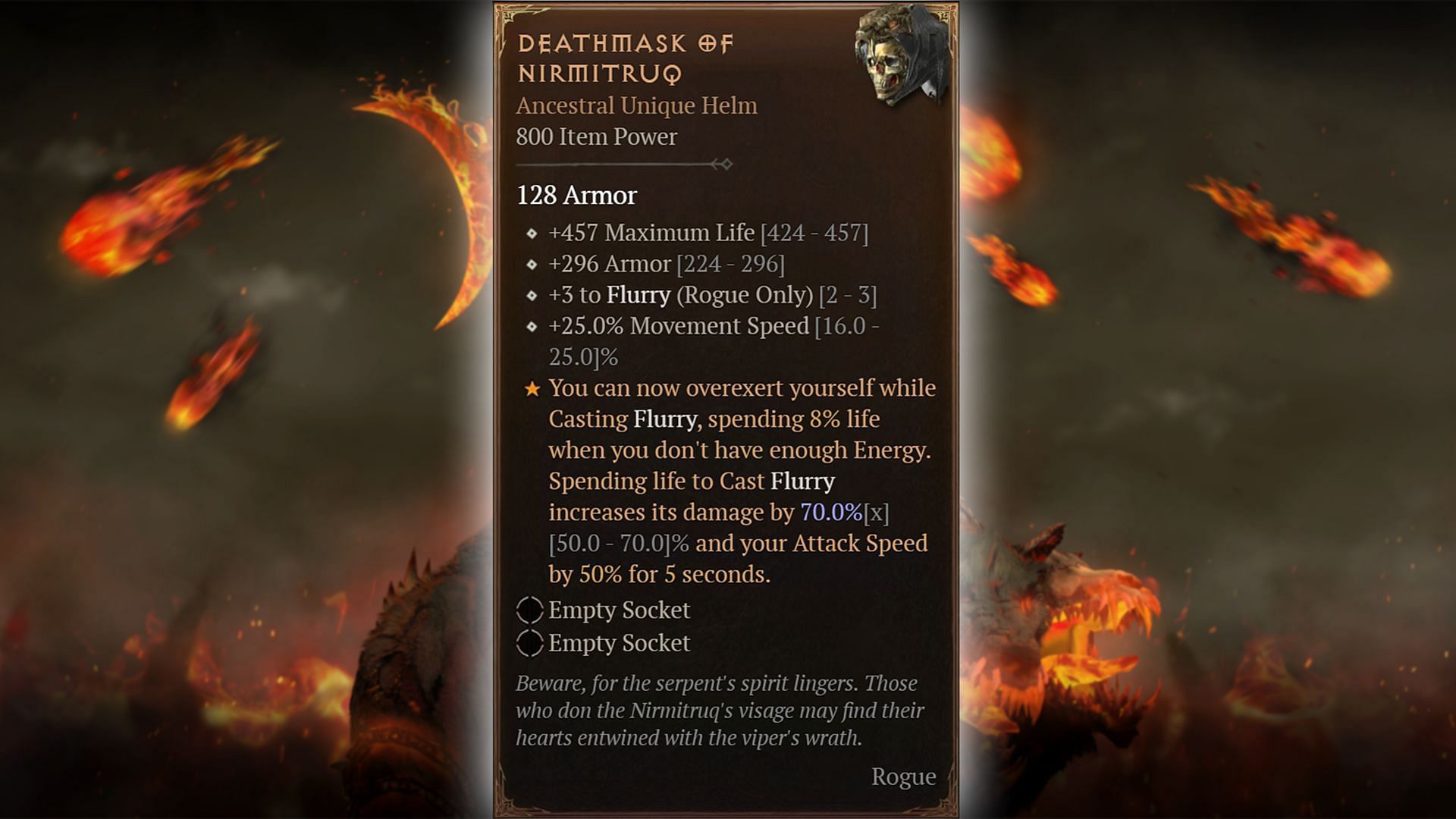 The Deathmask of Nirmitruq boasts a game changing unique effect specifically for the Flurry Rogue builds in Diablo 4 Season 9 (Image via Blizzard Entertainment)